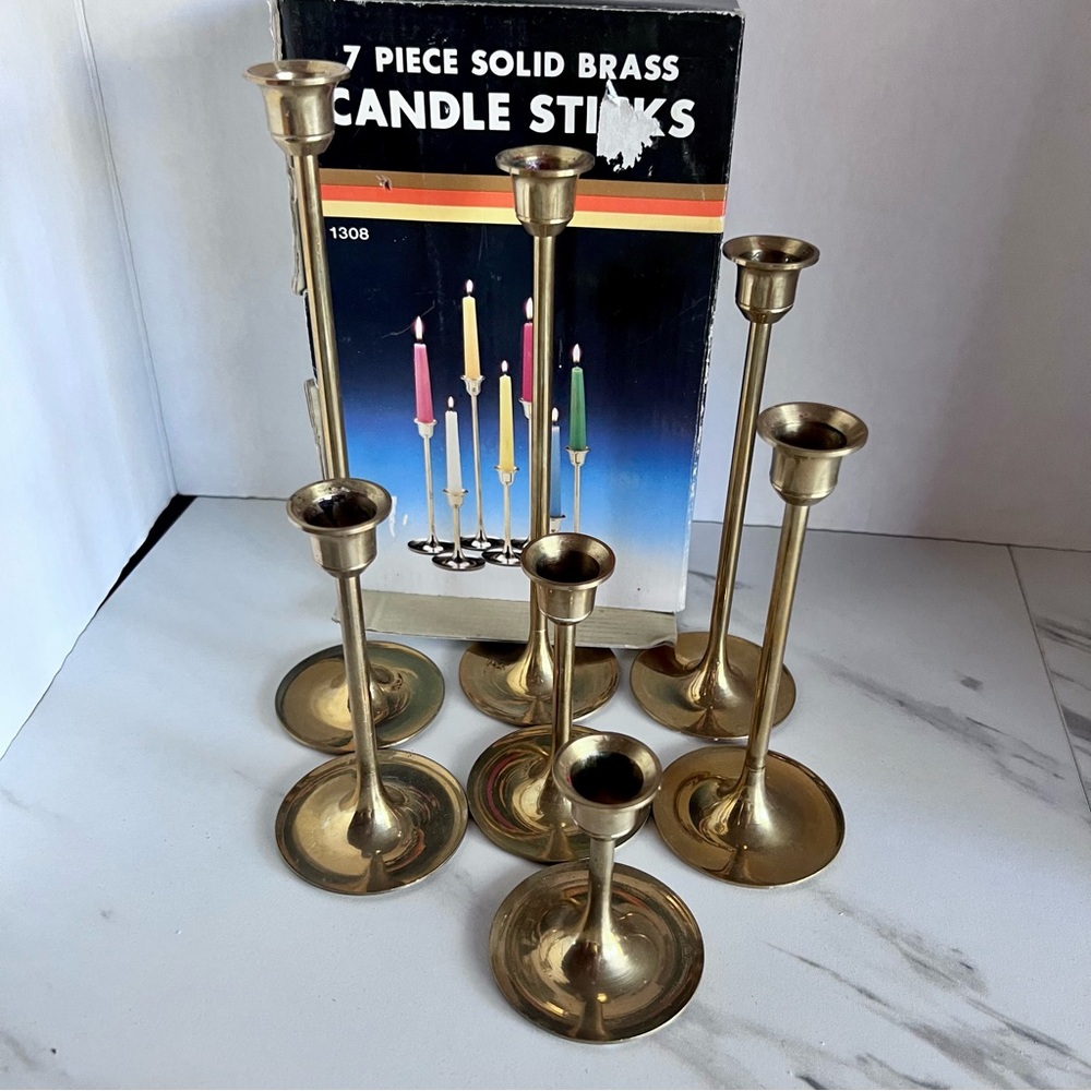 Solid Brass Candlesticks, Set of 7, Vintage